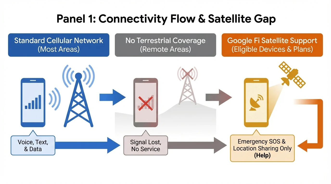 Infographic: Google Fi support vs Pixel Satellite SOS decision flow
